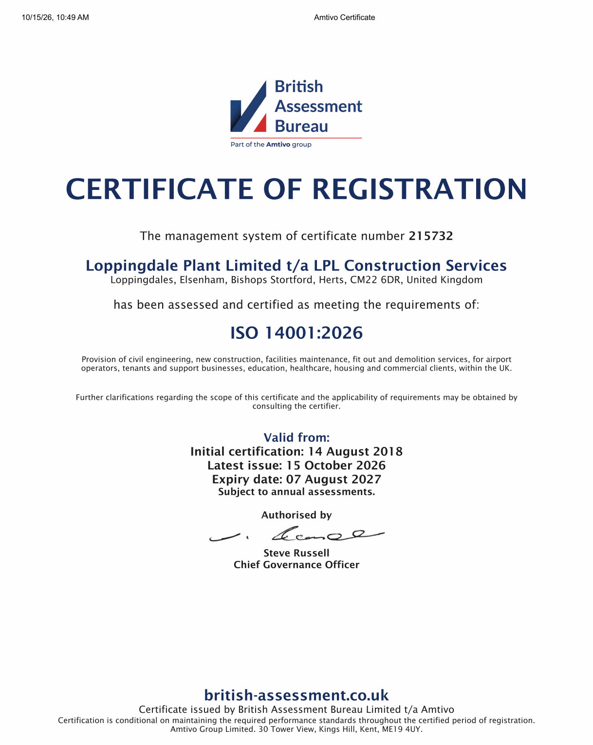 LPL Construction ISO Certificate